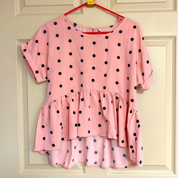 SHEIN Tops - Pink peplum style top top with black polka dots